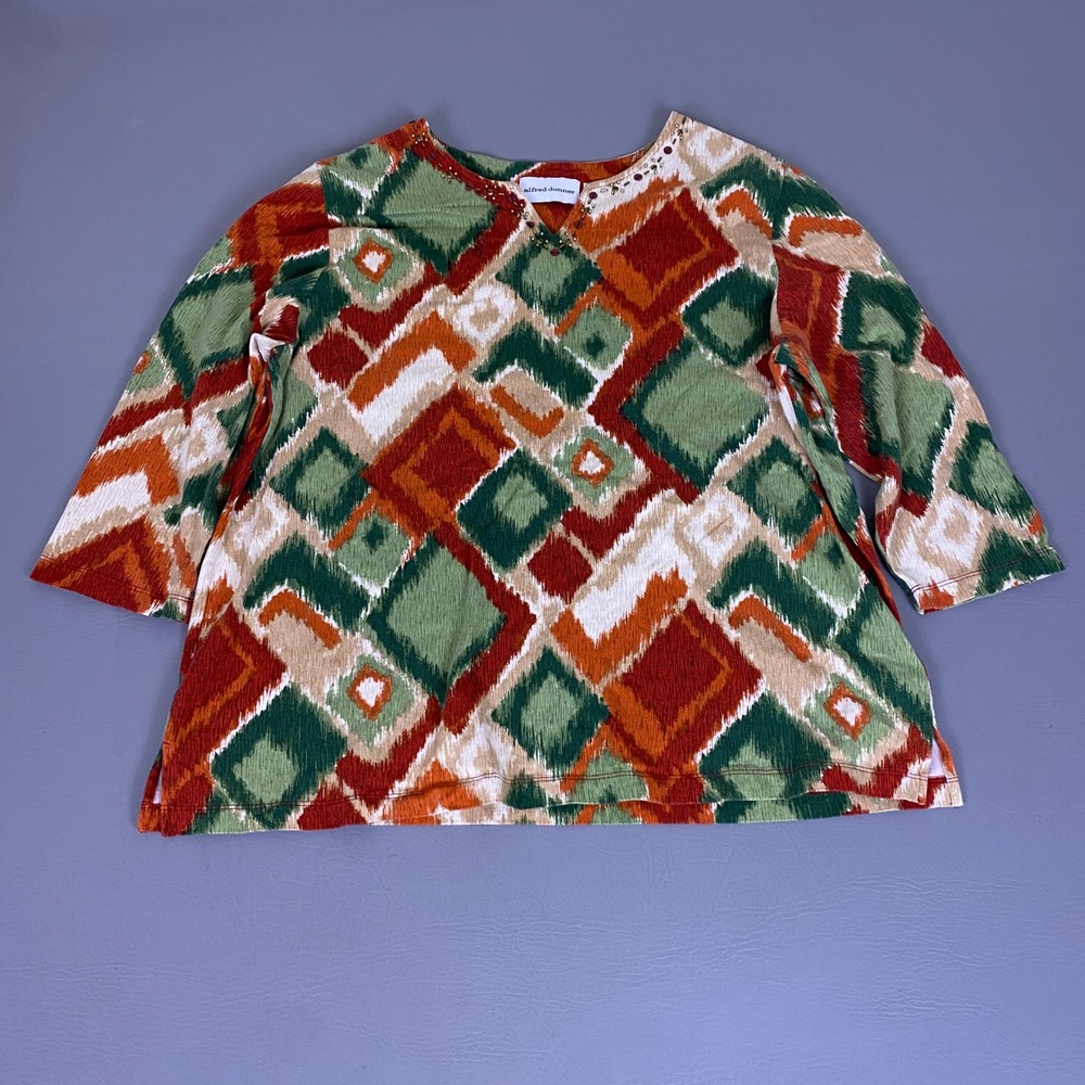 Alfred Dunner Blouse Top Large Orange Green Geometric Ikat Embellished V-Neck